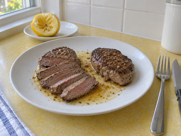 Petite sirloin steak sliced thinly across the grain with a light lemon and Desert Dust finish on a bright kitchen table.
