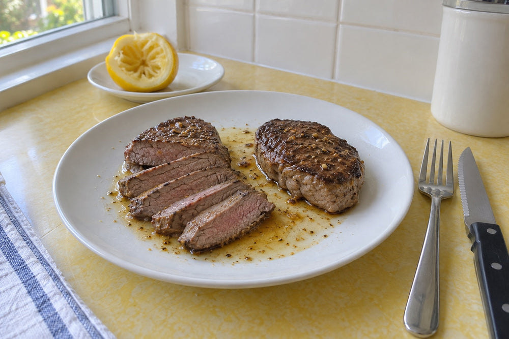 Petite sirloin steak sliced thinly across the grain with a light lemon and Desert Dust finish on a bright kitchen table.