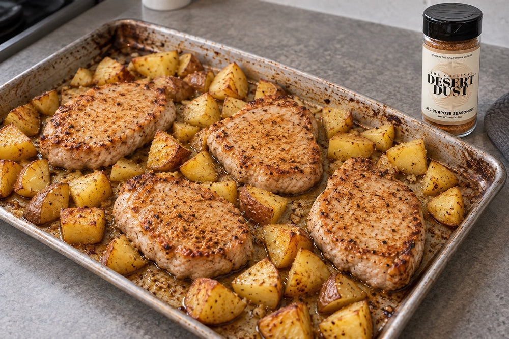 Oven-baked pork loin chops and golden potato pieces on a worn sheet pan beside an Original Desert Dust jar.