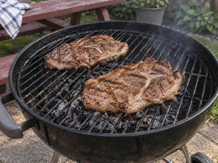 Thin pork shoulder blade steaks with irregular browned patches on a backyard charcoal grill.
