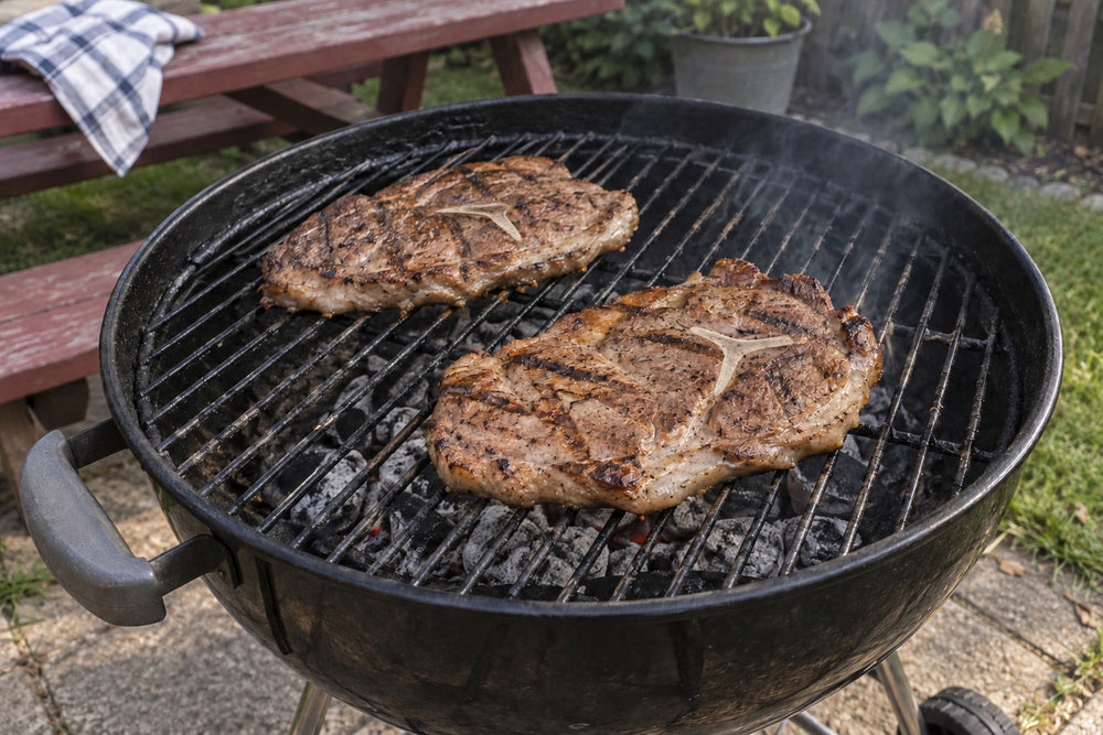 Thin pork shoulder blade steaks with irregular browned patches on a backyard charcoal grill.