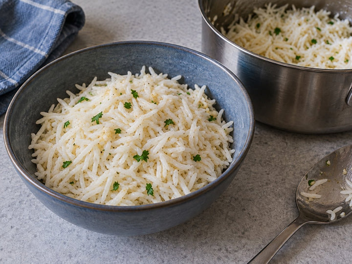 Garlic butter rice with sparse parsley in a blue-gray bowl beside a saucepan.
