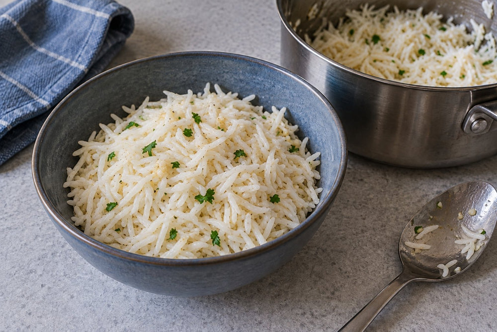 Garlic butter rice with sparse parsley in a blue-gray bowl beside a saucepan.