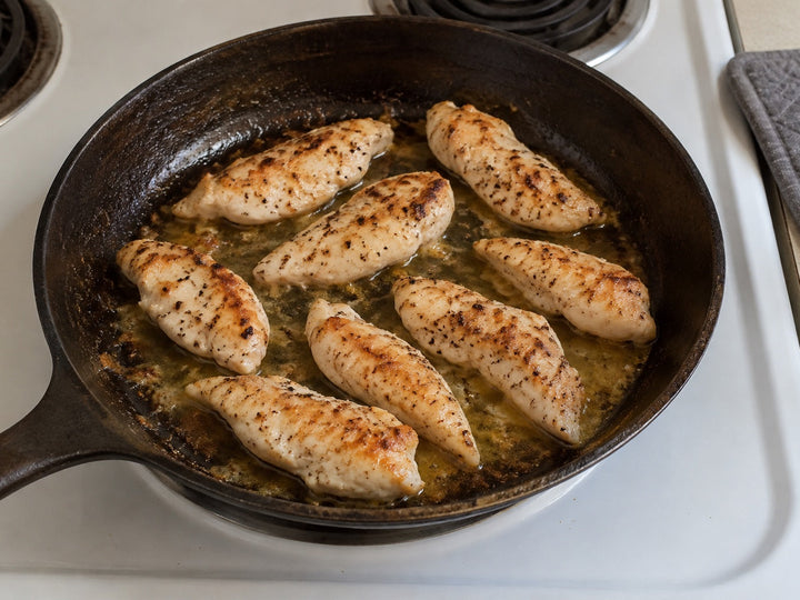 Unbreaded pan-seared chicken tenderloins with a light lemon-butter seasoning in an everyday skillet.