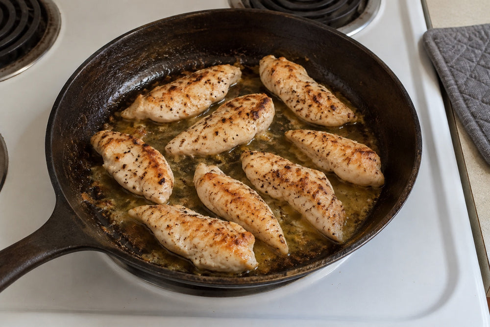 Unbreaded pan-seared chicken tenderloins with a light lemon-butter seasoning in an everyday skillet.