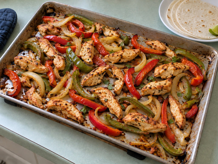 Oven chicken fajita strips with red and green peppers and yellow onion in a spaced single layer on a metal sheet pan.