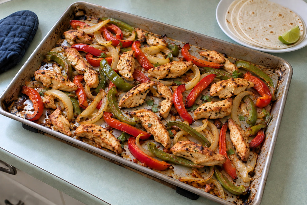Oven chicken fajita strips with red and green peppers and yellow onion in a spaced single layer on a metal sheet pan.