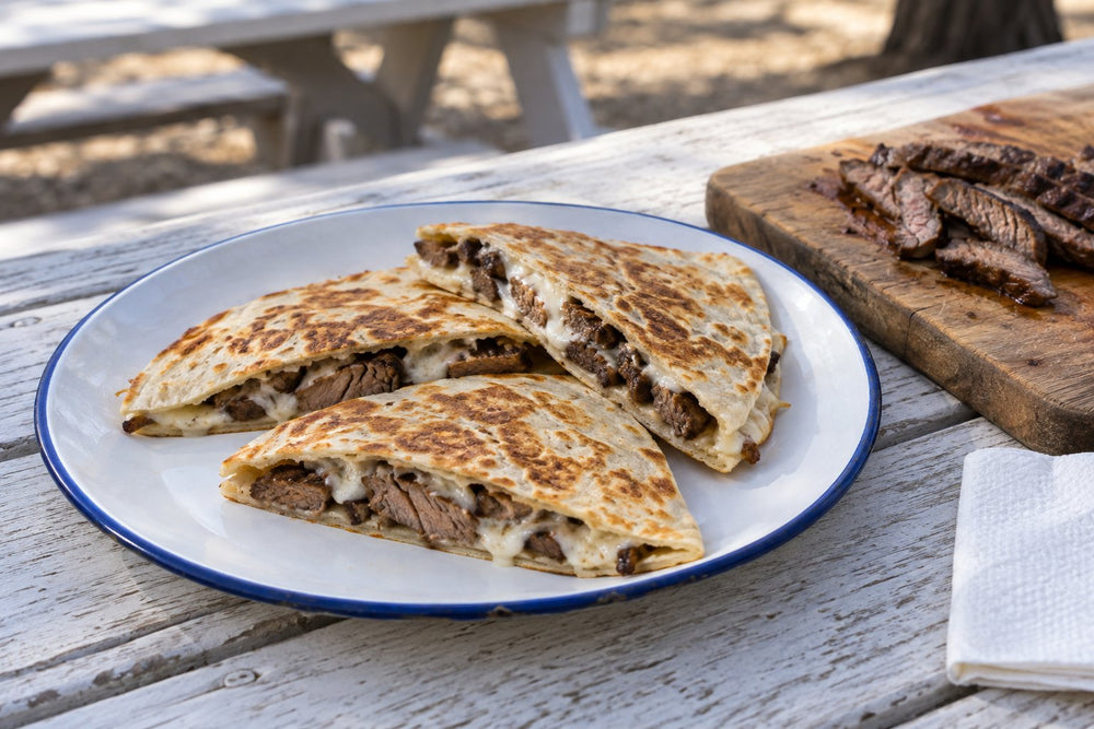 Carne asada quesadilla wedges with grilled steak and Monterey Jack on a picnic table.