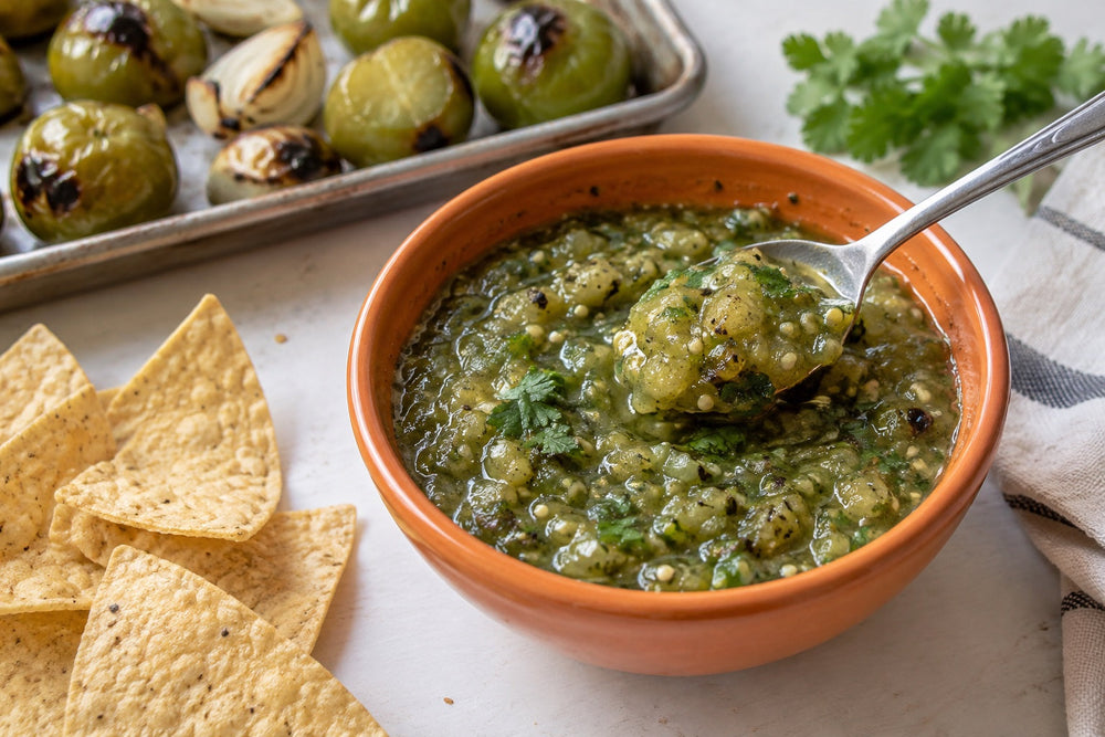 Roasted Tomatillo Salsa Verde with Savory Dust