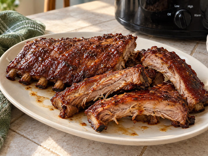 Slow cooker pork ribs with a thin barbecue glaze on a kitchen platter
