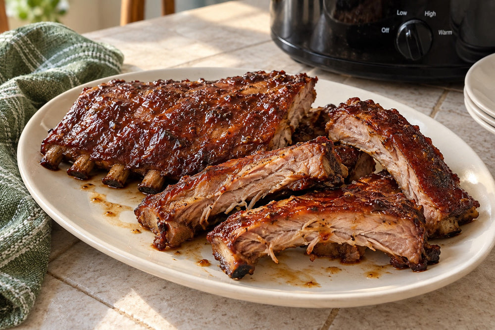 Slow cooker pork ribs with a thin barbecue glaze on a kitchen platter