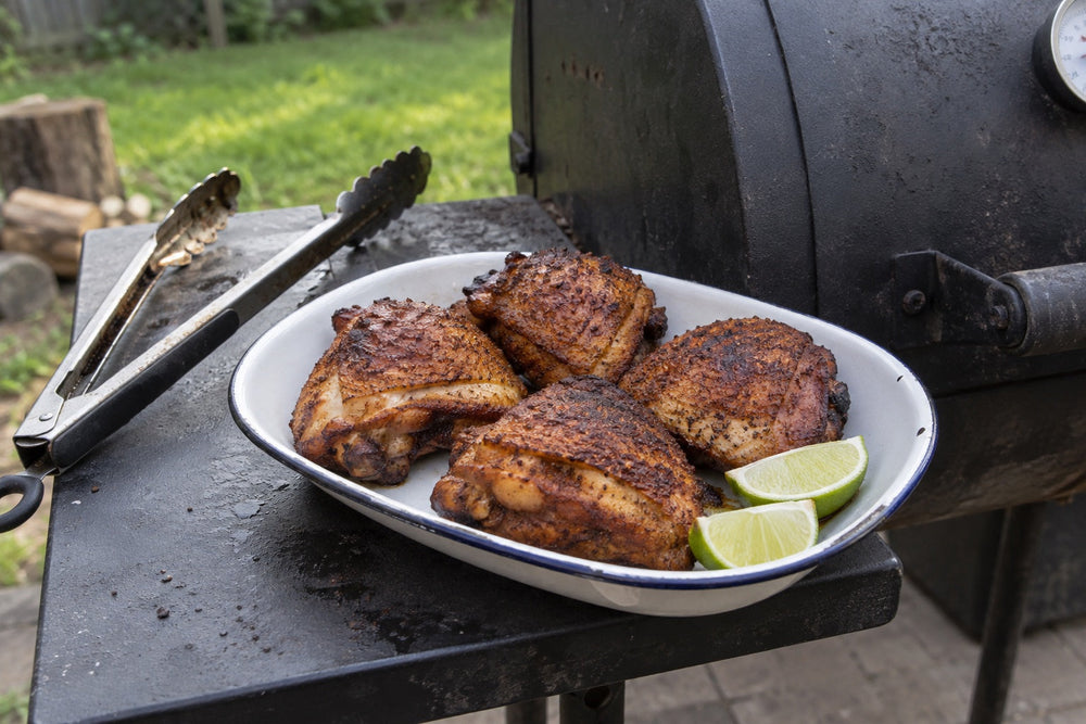 Smoked chicken thighs with lime beside a backyard smoker