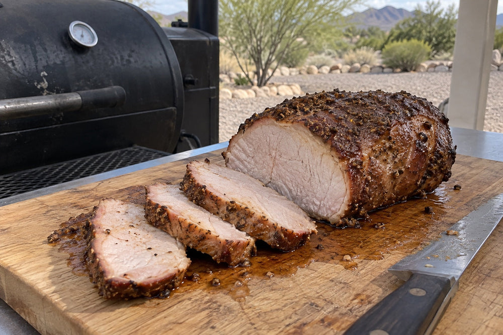 Sliced smoked pork loin on a board beside a desert patio smoker