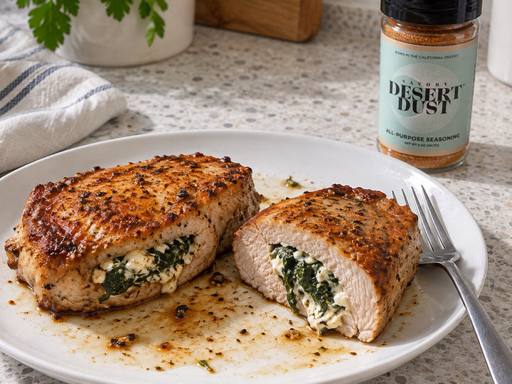 Spinach and cream cheese stuffed pork chops with Savory Desert Dust