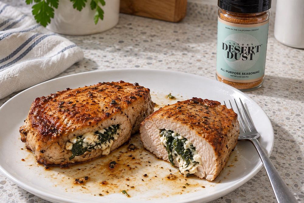 Spinach and cream cheese stuffed pork chops with Savory Desert Dust