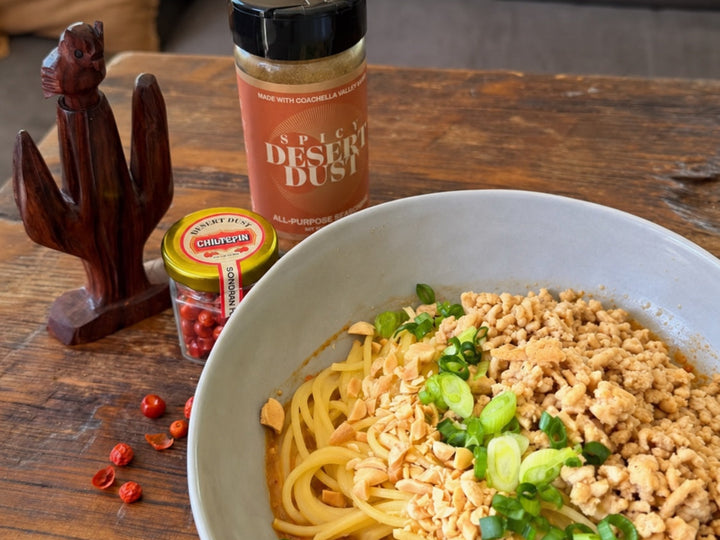 Chef Steph’s Desert Dan Dan noodles with ground chicken, scallions, peanuts, Spicy Desert Dust and Chiltepin