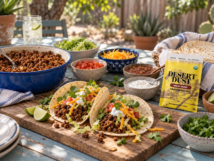Homemade beef taco party spread outdoors with Desert Dust Mild Taco seasoning