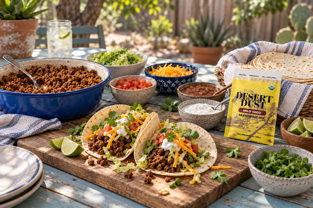 Homemade beef taco party spread outdoors with Desert Dust Mild Taco seasoning