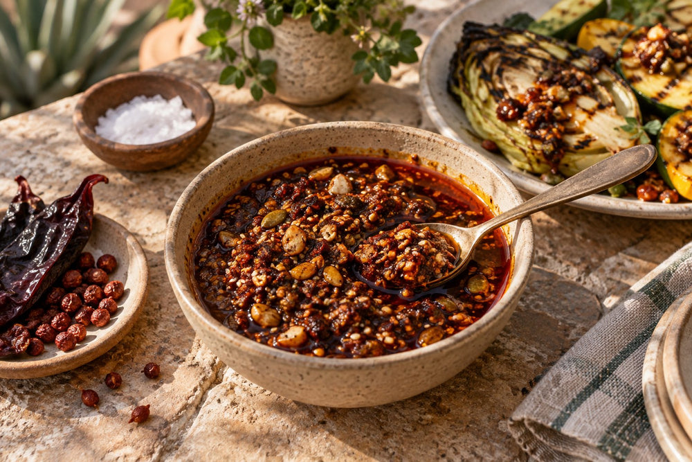 Chiltepin salsa macha with toasted pumpkin and sesame seeds, with grilled vegetables behind the bowl.