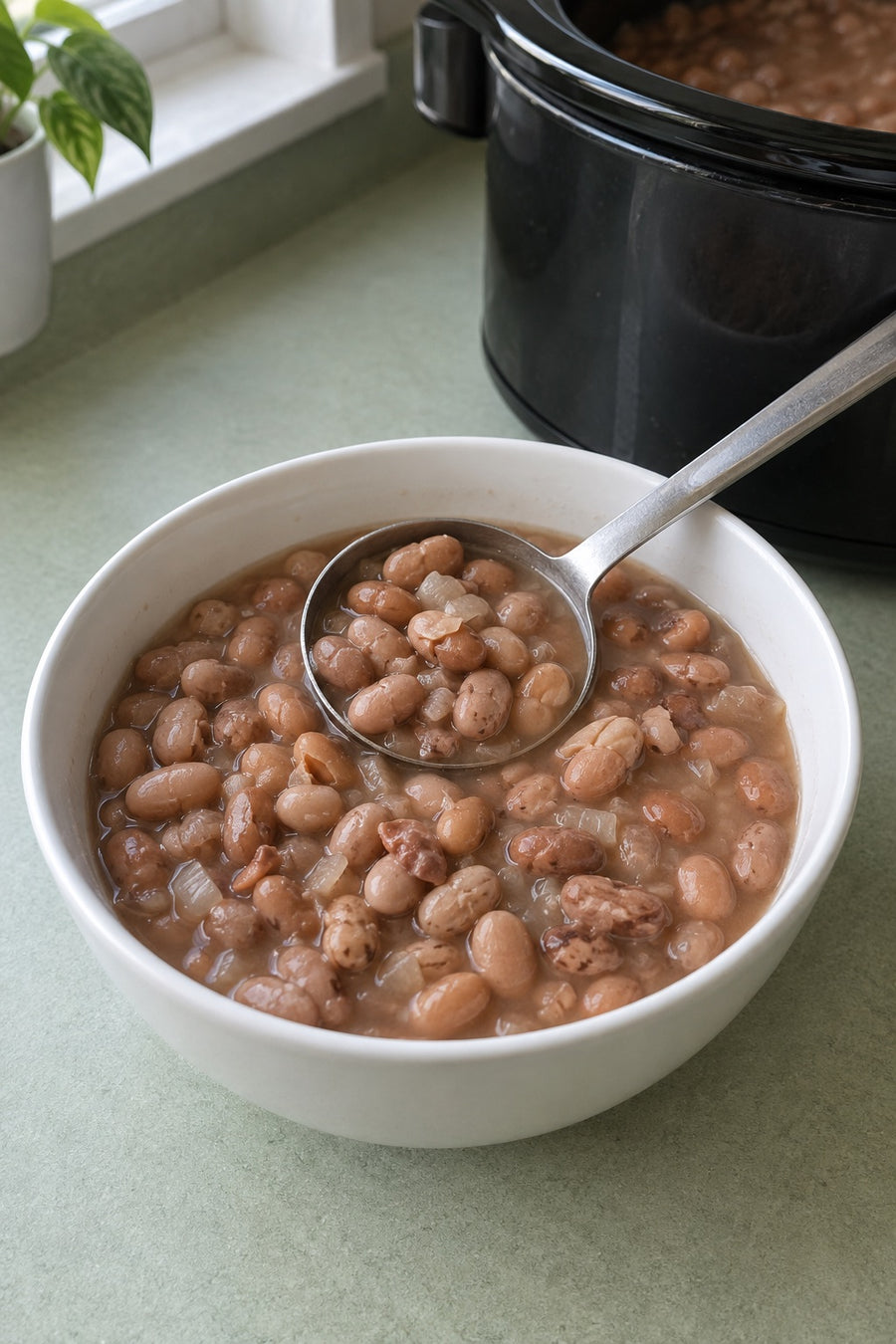 A ladle of tender pinto beans and onion over a white bowl, with a slow cooker behind.