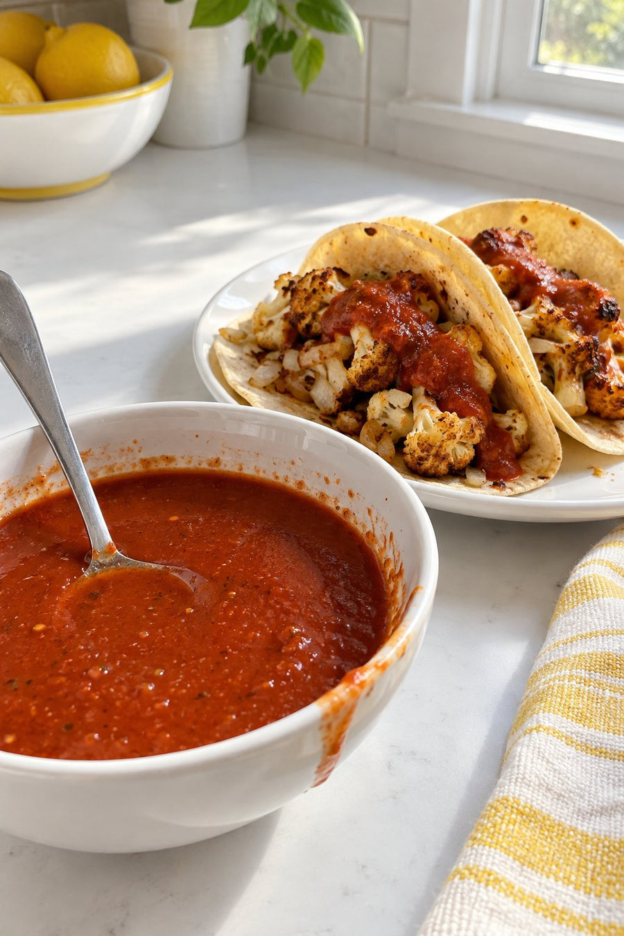 Smooth red taco sauce in a white bowl with a spoon, beside cauliflower tacos.
