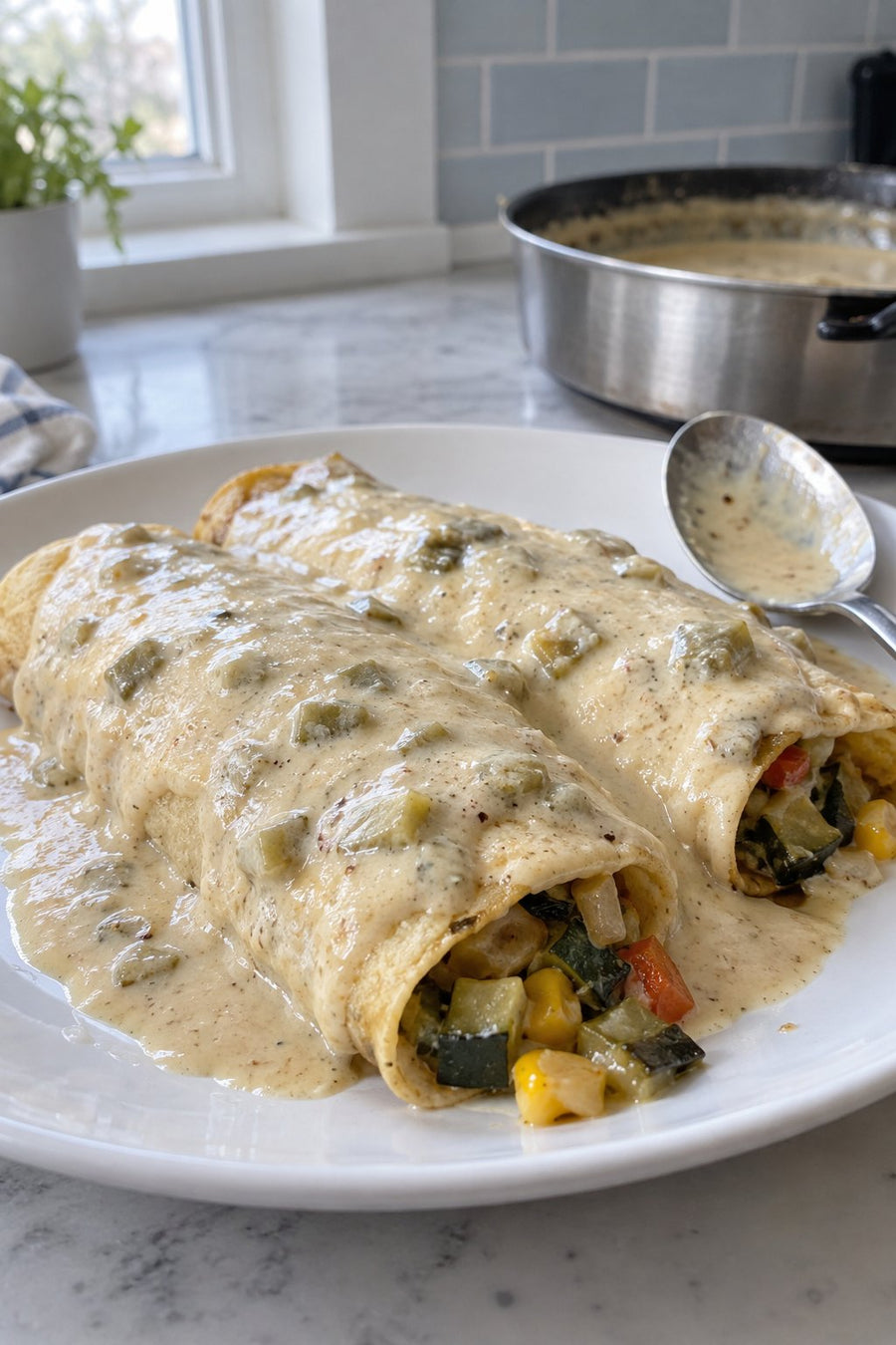 Creamy white enchilada sauce over two vegetable enchiladas on a white plate.