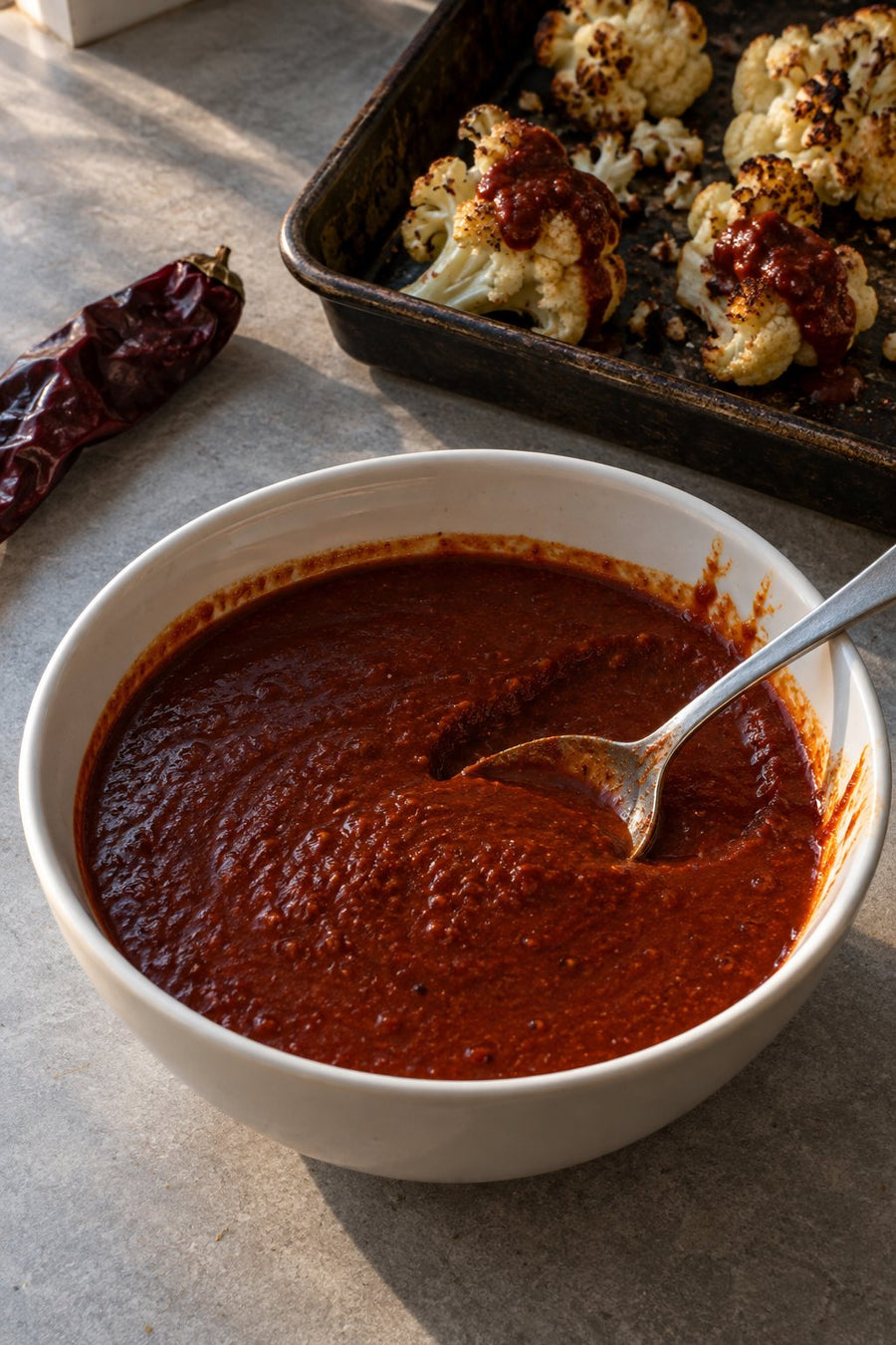 A spoon in a white bowl of brick-red guajillo sauce beside roasted cauliflower.
