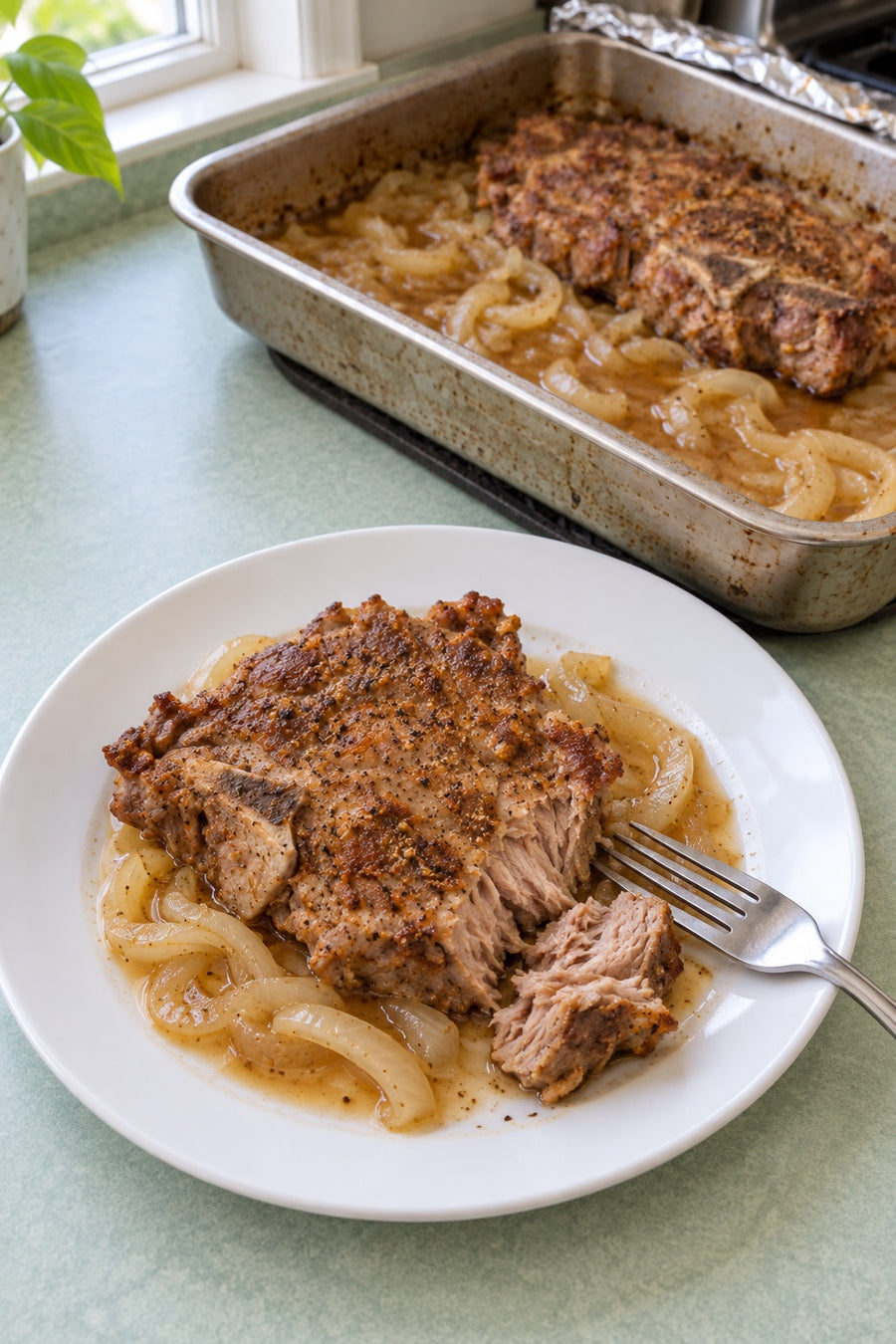 A fork-tender baked pork shoulder steak portion with soft onion and pan juices on a white plate.