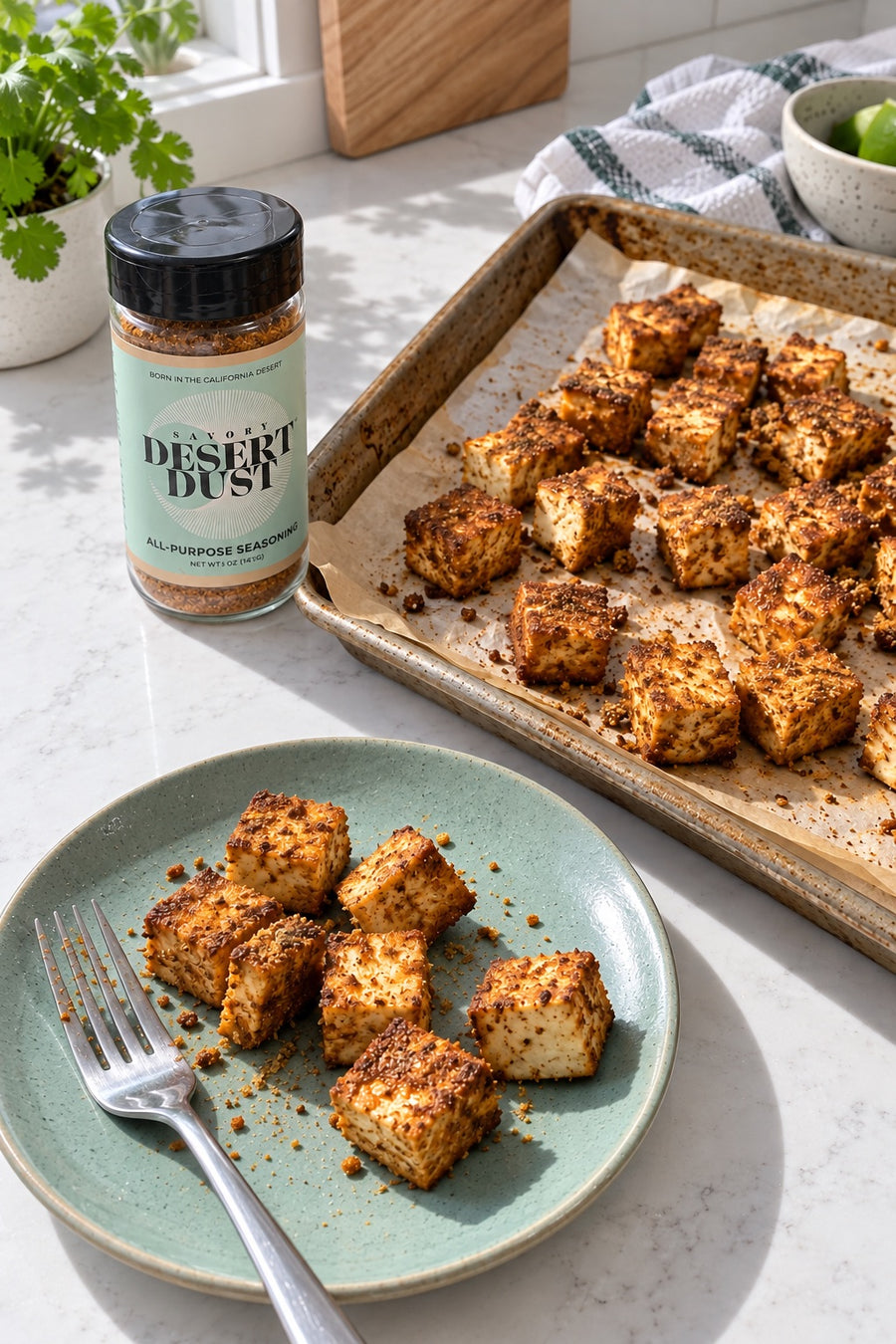 Baked tofu on parchment with Savory Desert Dust