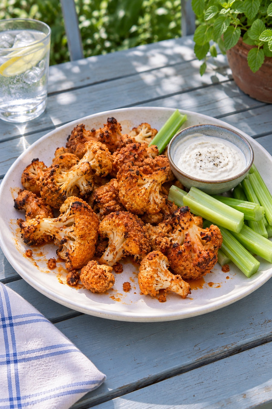Buffalo cauliflower with celery and dip on a backyard table