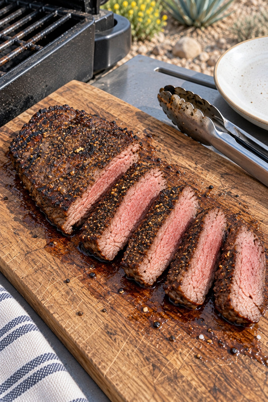 Sliced grilled flat iron steak on a board beside a backyard grill