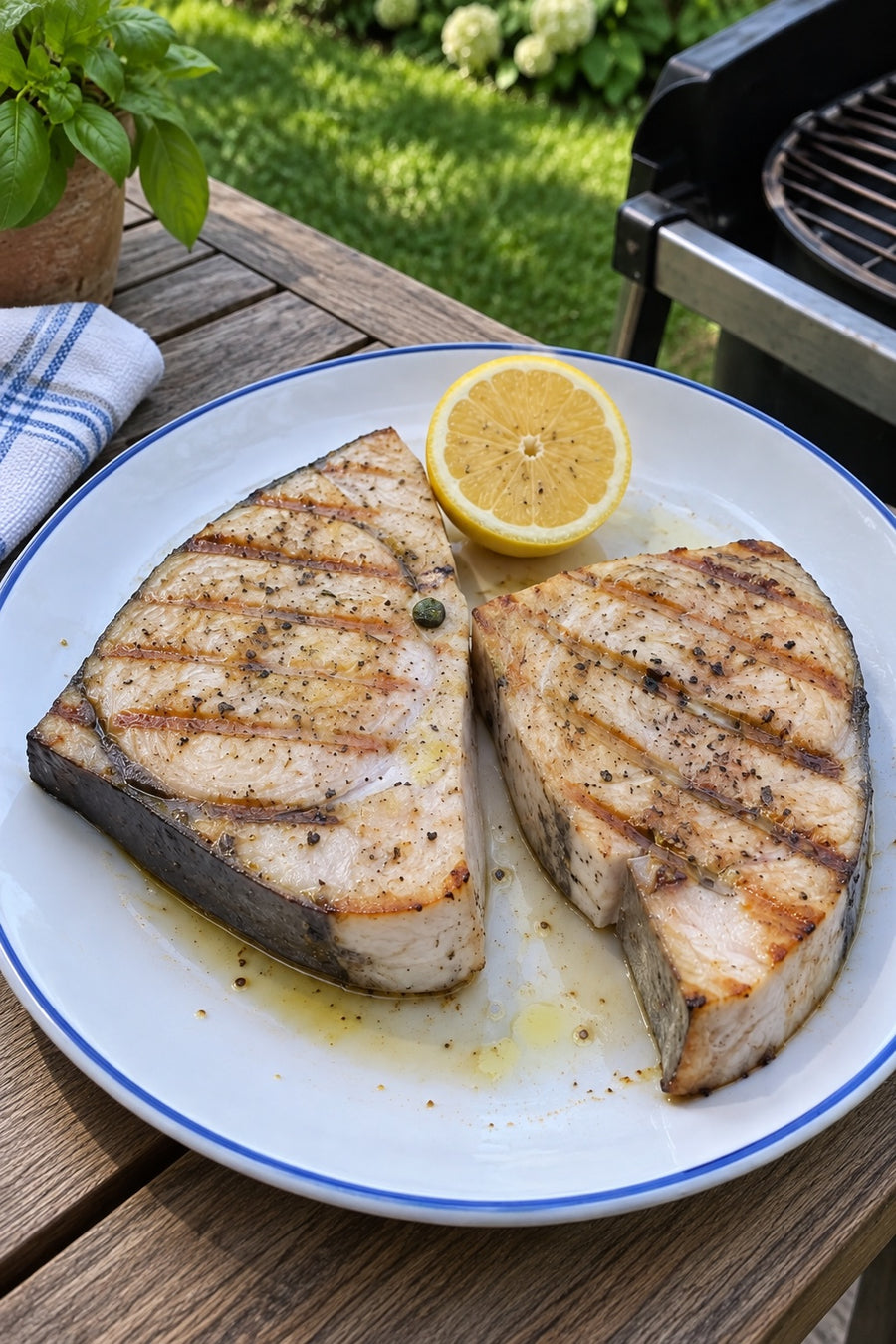 Grilled swordfish steaks with lemon on a backyard table