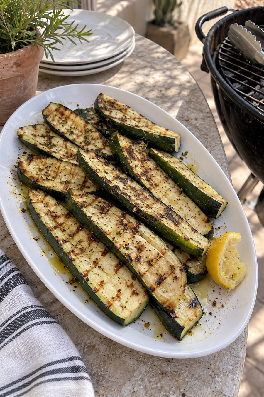 Grilled zucchini with lemon on a white platter beside a grill