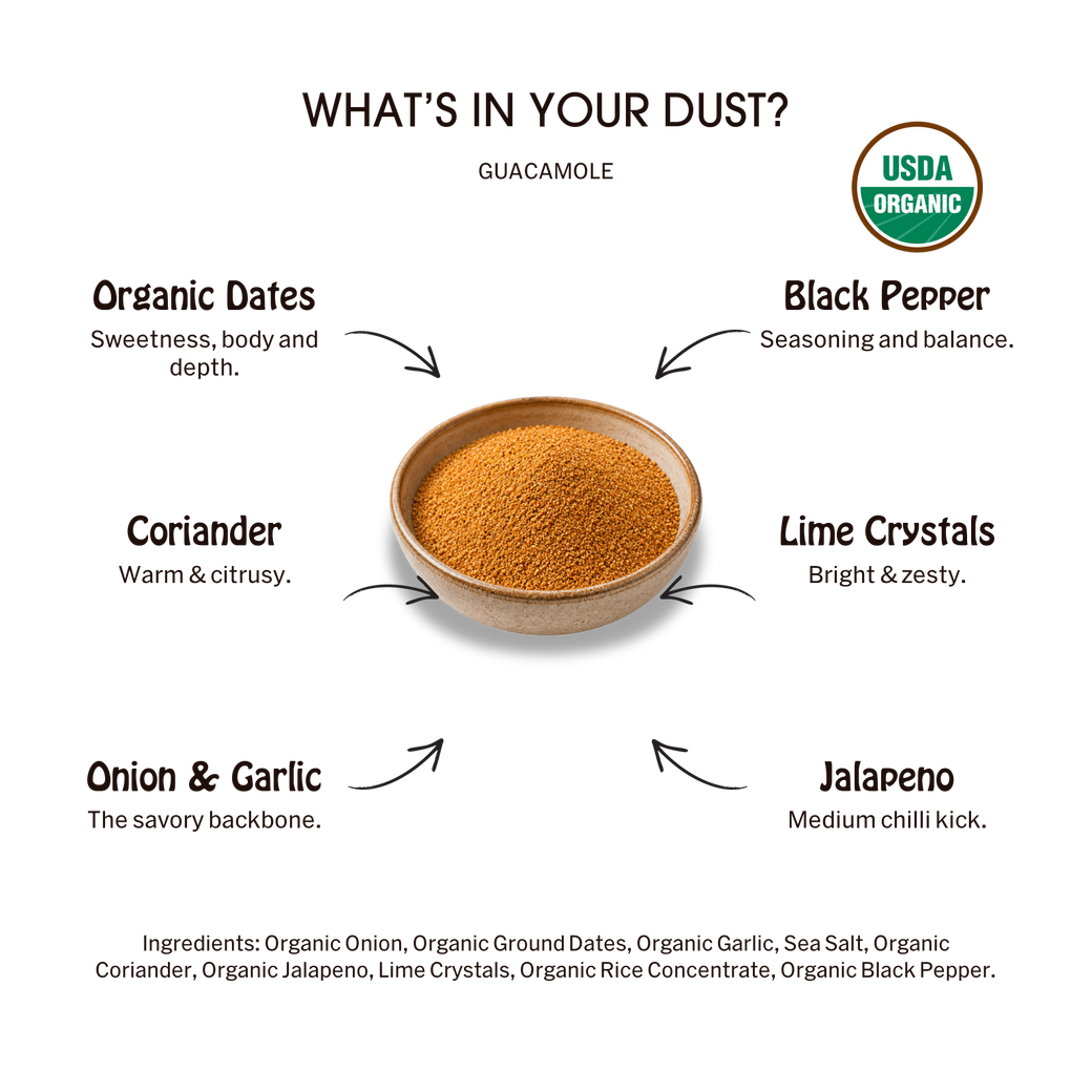 Desert Dust Guacamole Seasoning 6 Pack: ingredient callouts and complete ingredient list.