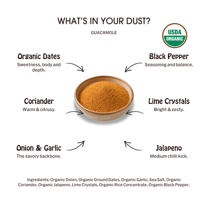 Desert Dust Guacamole Seasoning 6 Pack: ingredient callouts and complete ingredient list.
