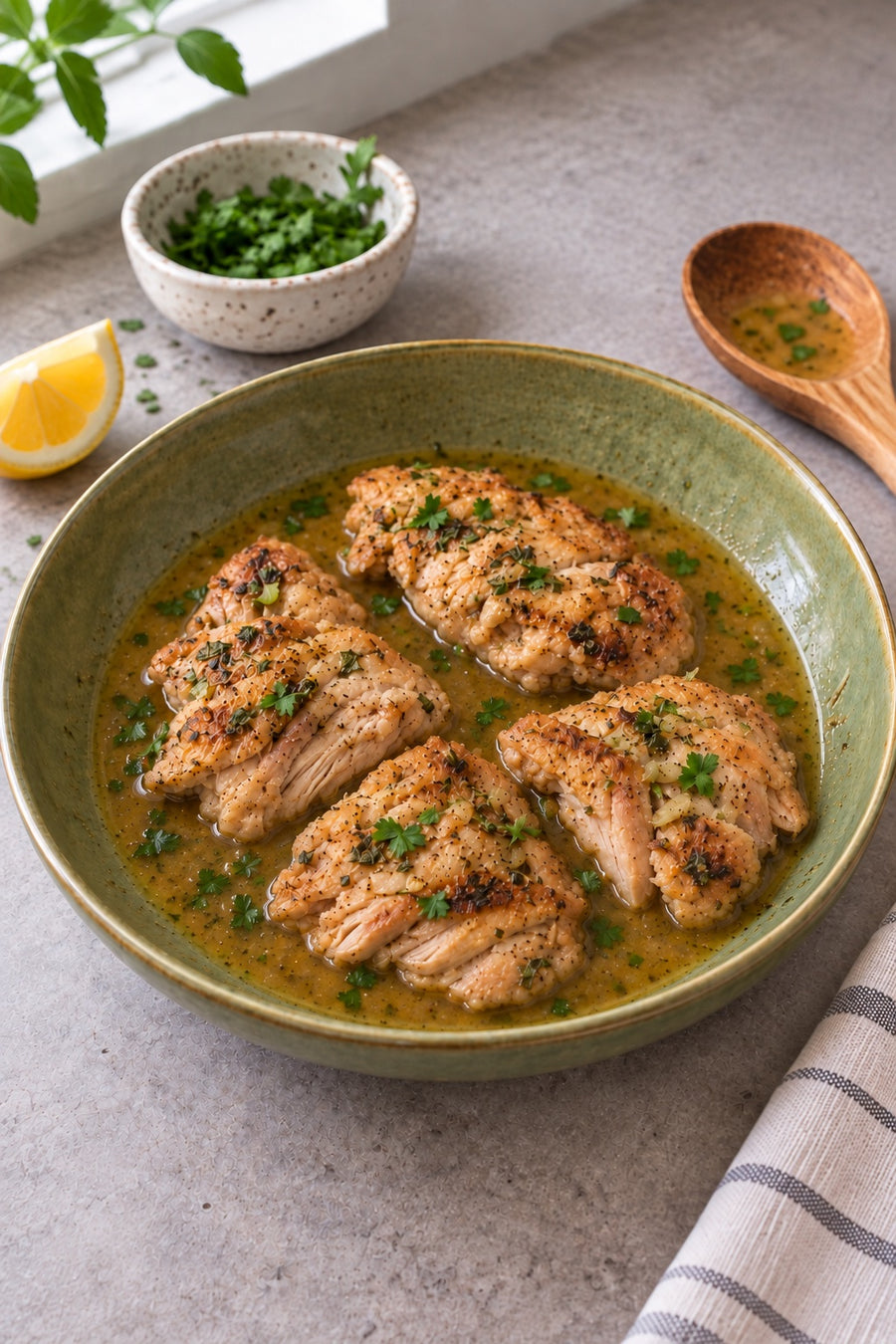 Skinless Instant Pot chicken thighs with pan juices and parsley