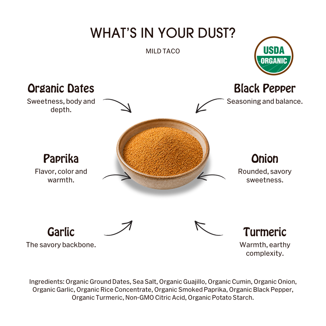 Desert Dust Mild Taco Seasoning 6 Pack: ingredient callouts and complete ingredient list.