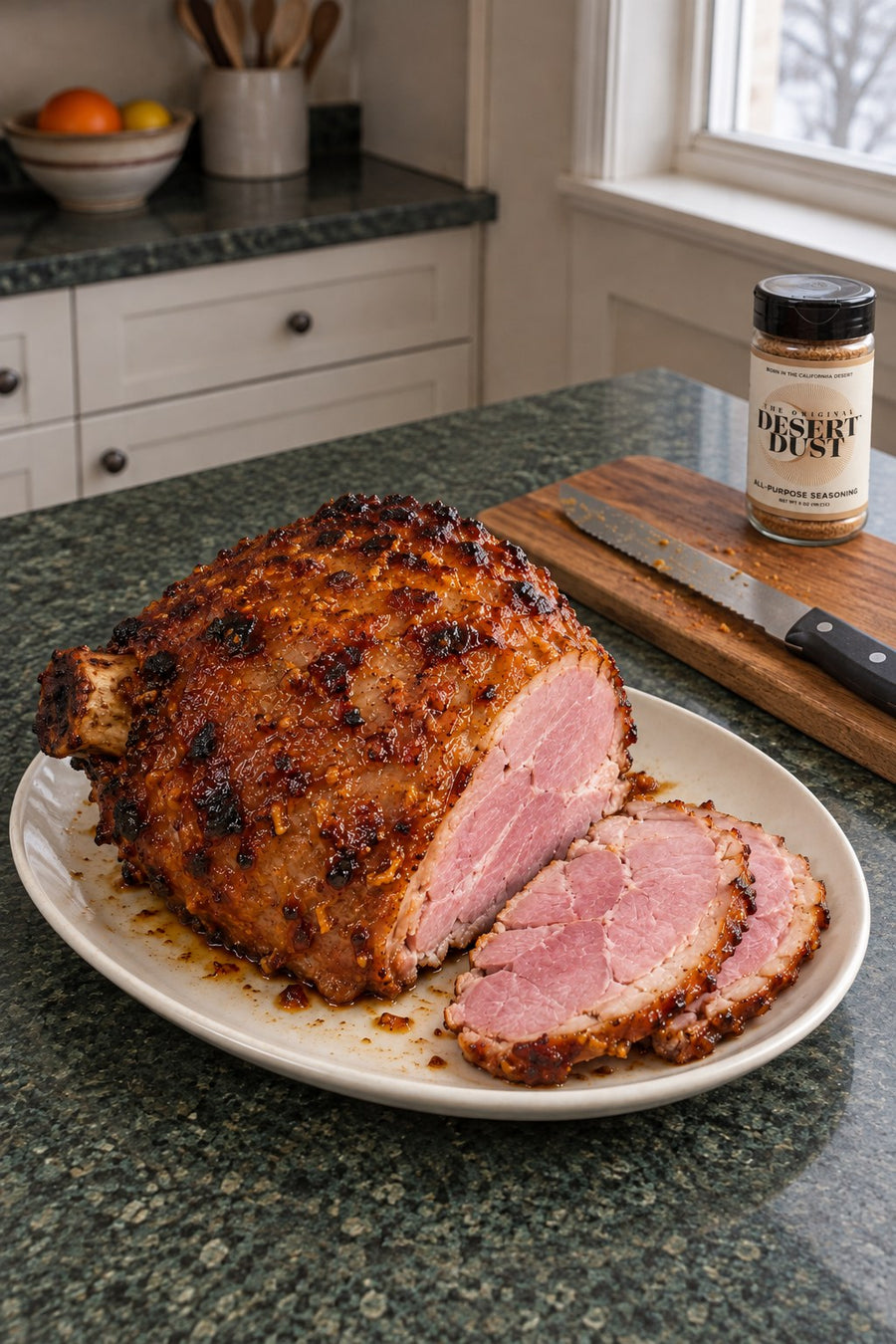 Orange-mustard glazed Christmas ham with two carved slices and Original Desert Dust