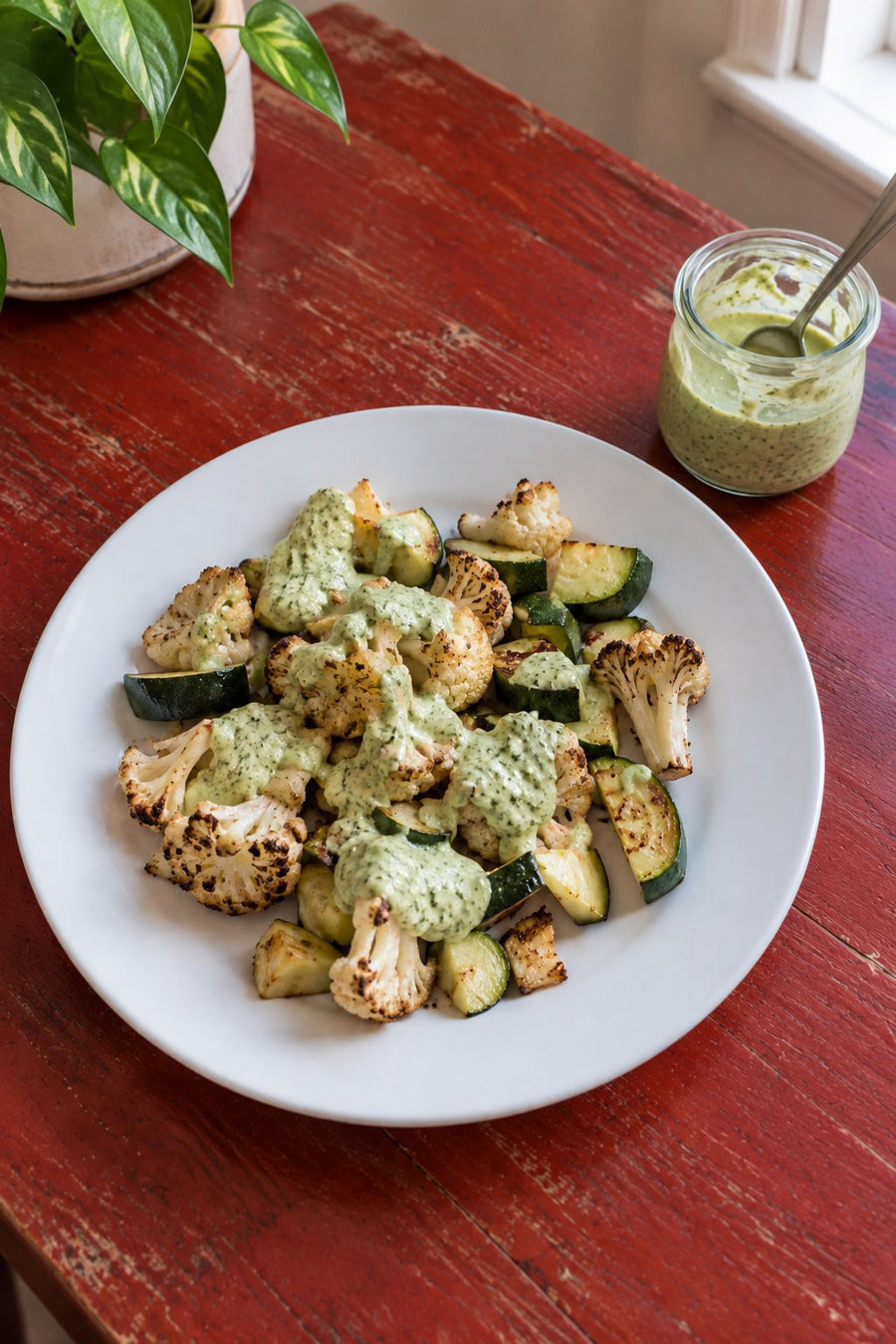 Poblano cream sauce spooned over roasted cauliflower and zucchini on a white plate