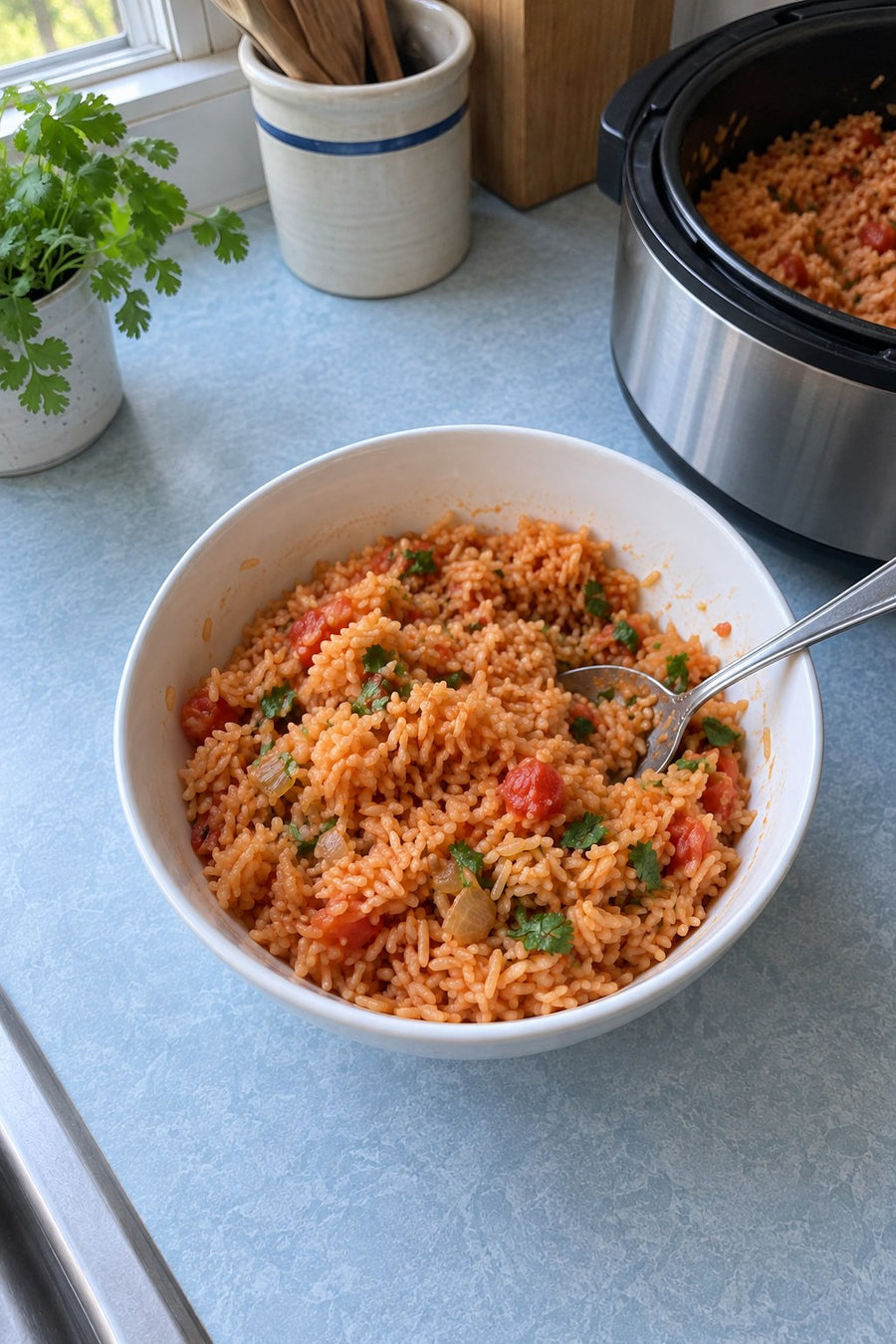 Homemade Mexican rice in a white bowl beside a rice cooker on a blue kitchen counter