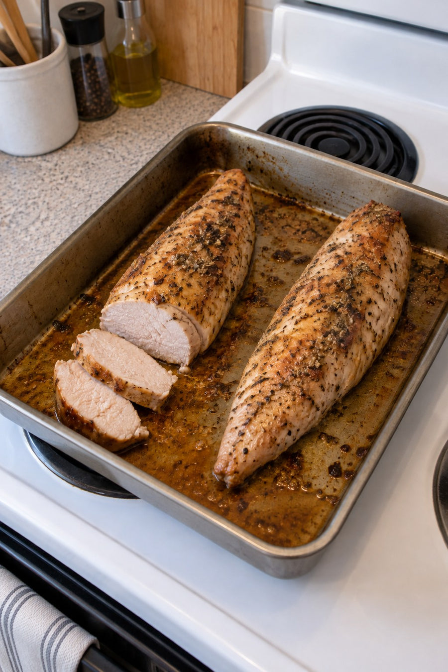 Partly sliced roasted turkey tenderloins in a metal roasting pan
