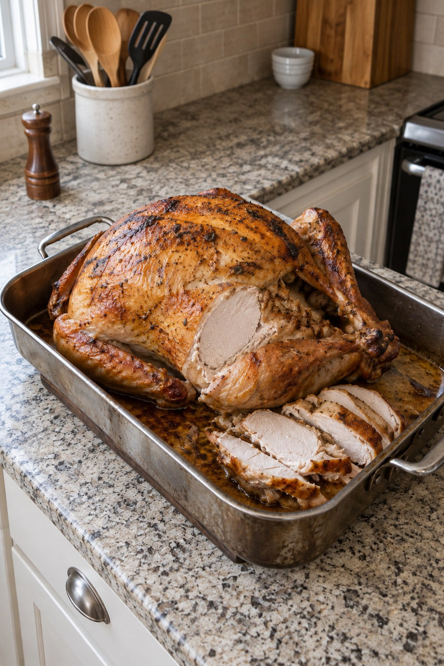 Home-roasted Thanksgiving turkey partly carved in its roasting tin