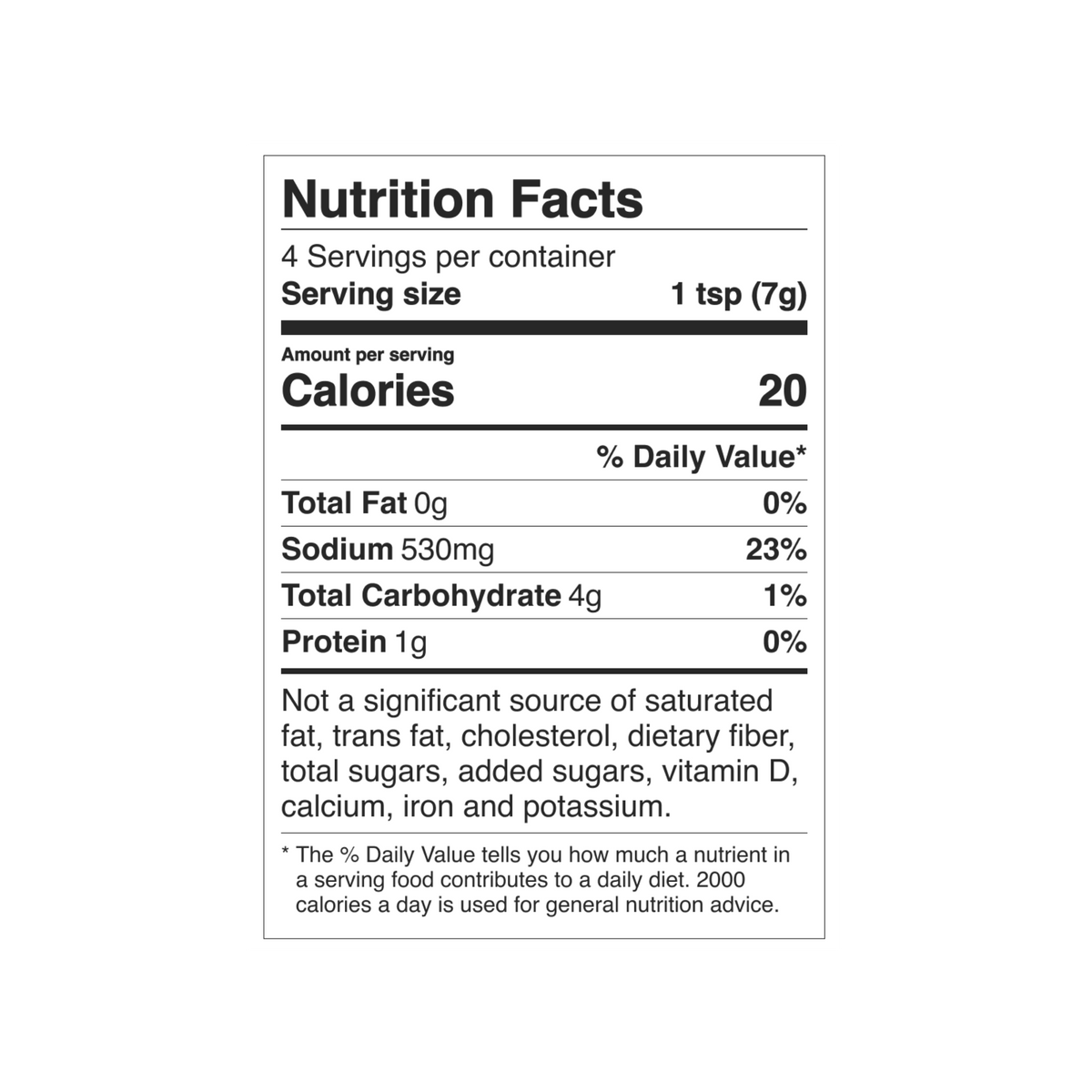 Nutrition facts label for Desert Dust Mild Taco Seasoning