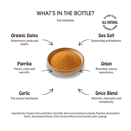 The Original Desert Dust ingredients: organic dates, sea salt, paprika, onion, garlic and spice blend, with the complete ingredient list.