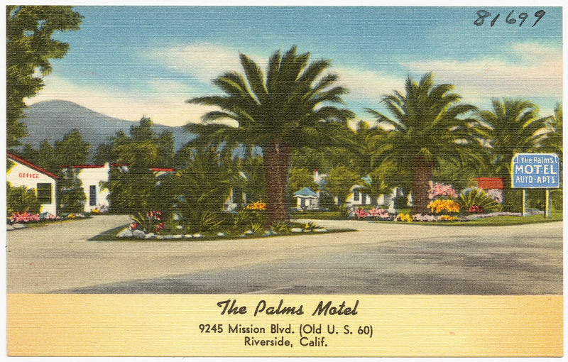Vintage postcard of The Palms Motel in Riverside, California.