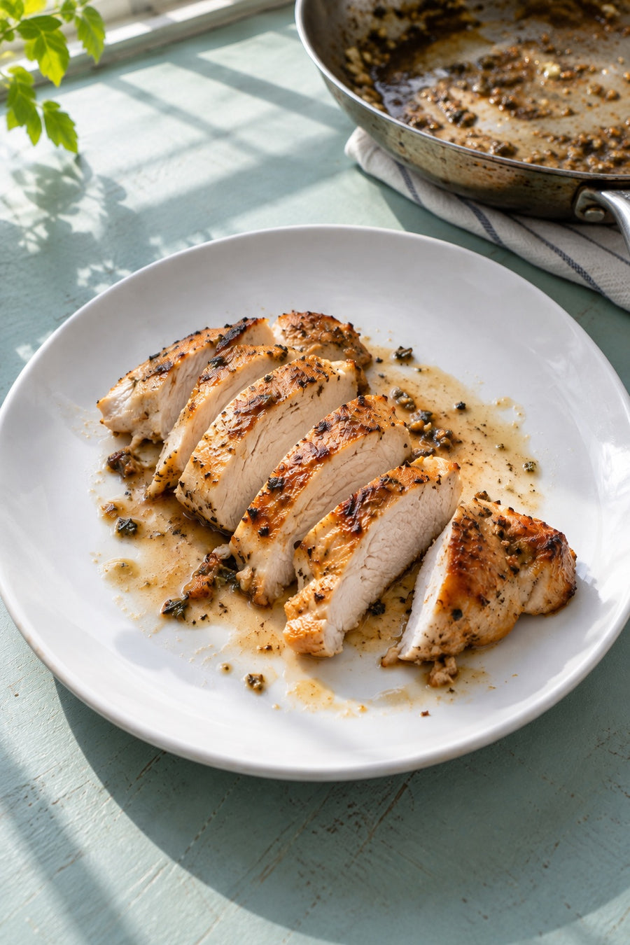 Sliced pan seared chicken breast with a little lemon-butter pan sauce on a white plate.