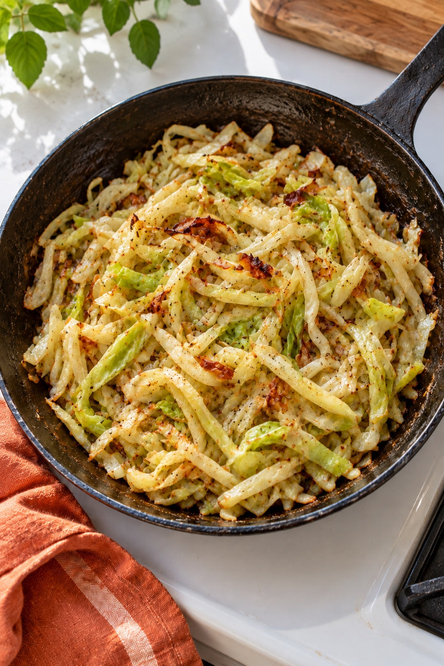 Thin sauteed cabbage ribbons with browned edges in a black skillet.
