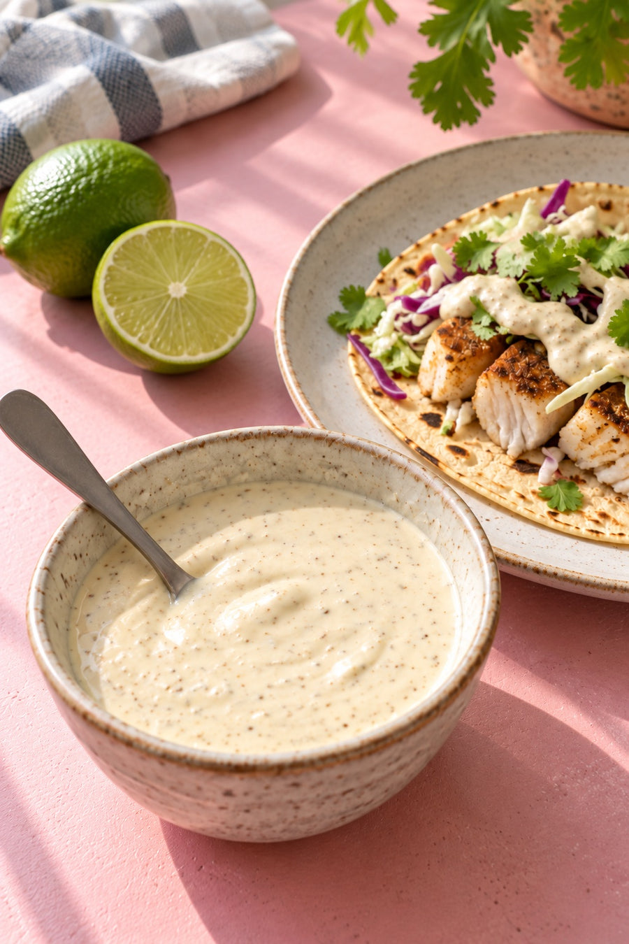 Creamy lime fish taco sauce in a bowl with a cooked fish taco as a serving suggestion.