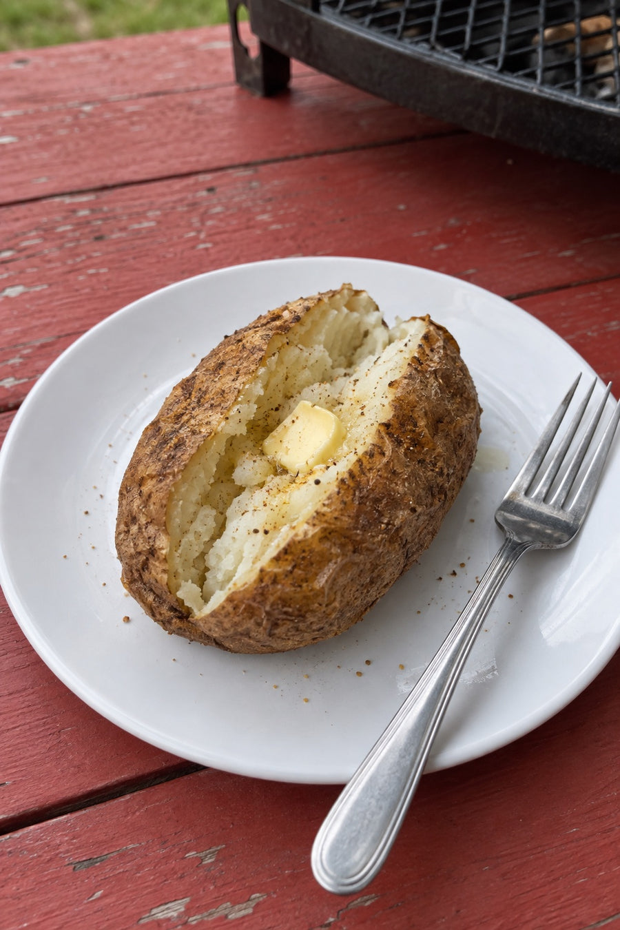 A smoked russet potato split open on a white plate with fluffy potato and a small pat of butter.