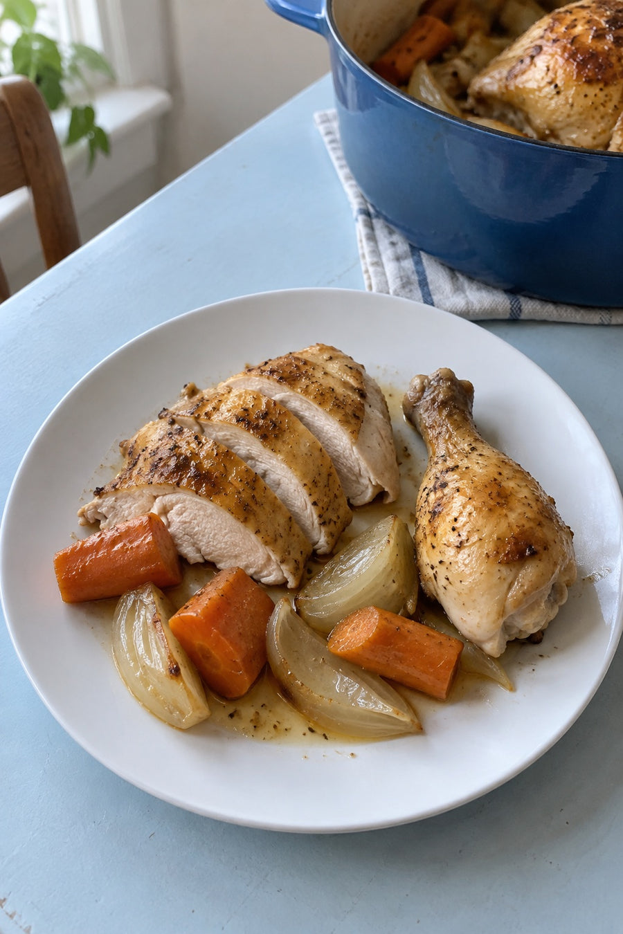 Roast chicken breast and leg portions with carrots, onion and pan juices on a white dinner plate.
